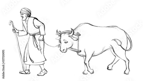 A man leads an ox for sacrifice. Pencil drawing