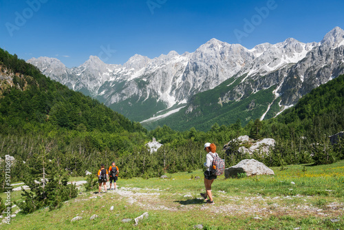 Bilde på lerret A group of hikers walks in the mountains of Albania