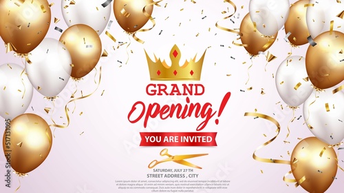Grand opening card design with gold and red ribbon with confetti