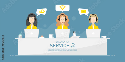 Cartoon call center women design, 24 hour customer service, Digital marketing illustration.