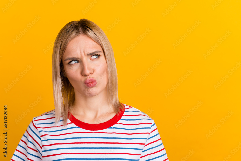 Portrait of dream dreamy lady youth people thought choose decide solve problems dilemmas isolated shine background Portrait of dream dreamy lady youth people thought choose decide solve problems dilemmas isolated shine background