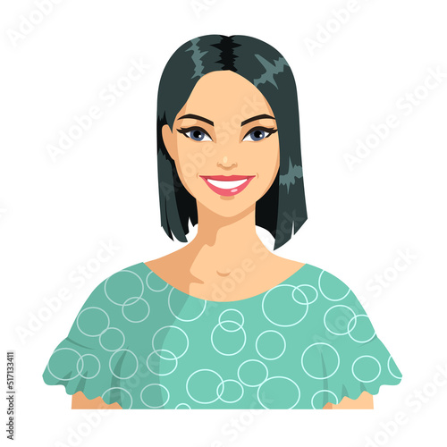 Portrait of smiling young woman with black hair in cartoon style. A beautiful girl in turquoise clothes and a bob haircut. Happy woman avatar isolated on white background. Vector.