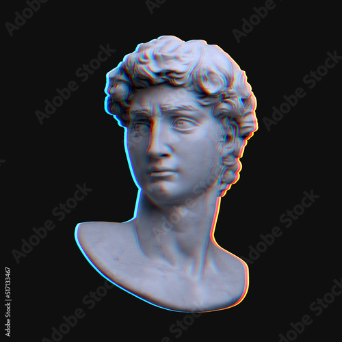 Digital offset RGB color offset illustration of classical marble male head bust sculpture from 3D rendering isolated on black background.