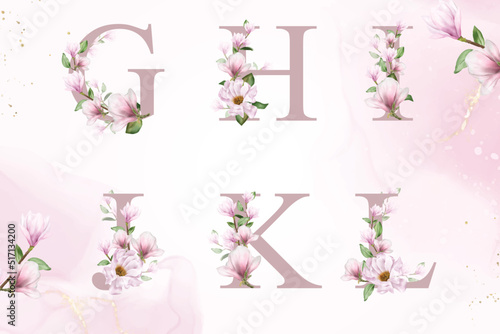 Watercolor floral alphabet set of g, h, i, j, k, l with hand drawn Flower and Leaves