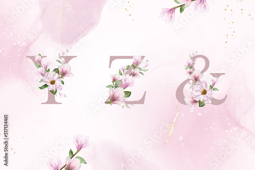Watercolor floral alphabet set of y, z, and with hand drawn Flower and Leaves
