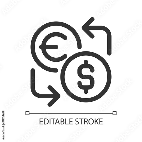 Currency exchange pixel perfect linear ui icon. Financial operation. Foreign currency. GUI, UX design. Outline isolated user interface element for app and web. Editable stroke. Arial font used