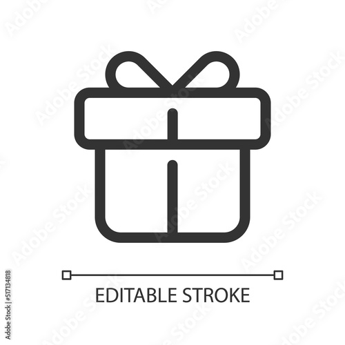 Gift pixel perfect linear ui icon. Birthday and christmas present. Box with ribbon and bow. GUI, UX design. Outline isolated user interface element for app and web. Editable stroke. Arial font used