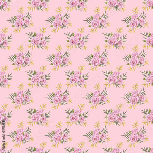 Pink rose bouquet seamless pattern on pastel pink background. Botanical watercolor illustration.