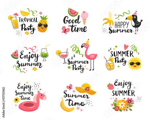 Summer labels with season calligraphy quotes, flowers, fruits. Hand drawn vector illustration.