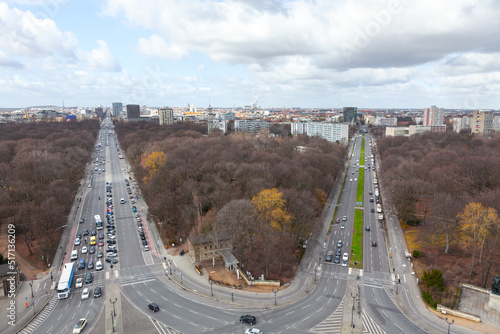 Highways and park view from above in Berlin . Aerial view of streets in Germany  photo