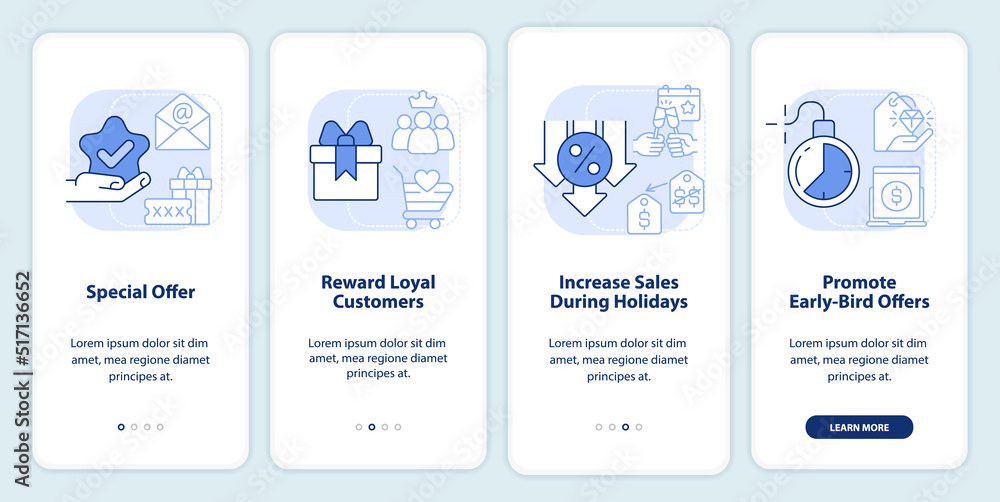 Discount policy light blue onboarding mobile app screen. Marketing walkthrough 4 steps editable graphic instructions with linear concepts. UI, UX, GUI template. Myriad Pro-Bold, Regular fonts used