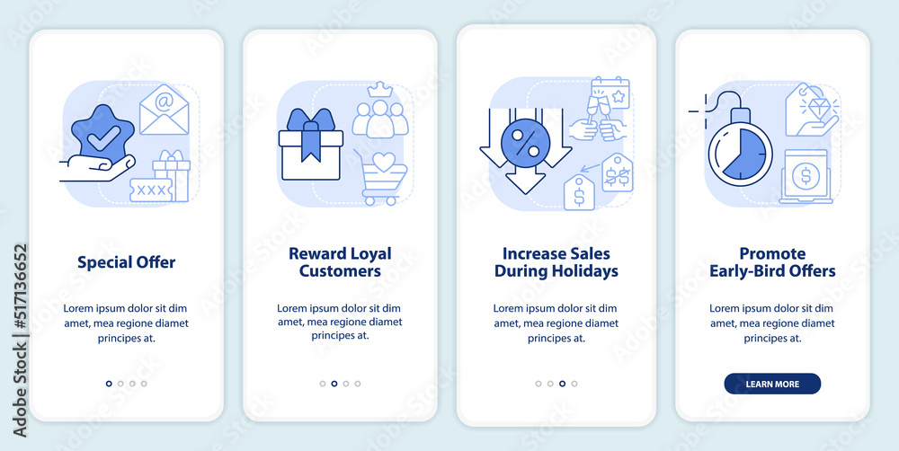 Naklejka premium Discount policy light blue onboarding mobile app screen. Marketing walkthrough 4 steps editable graphic instructions with linear concepts. UI, UX, GUI template. Myriad Pro-Bold, Regular fonts used