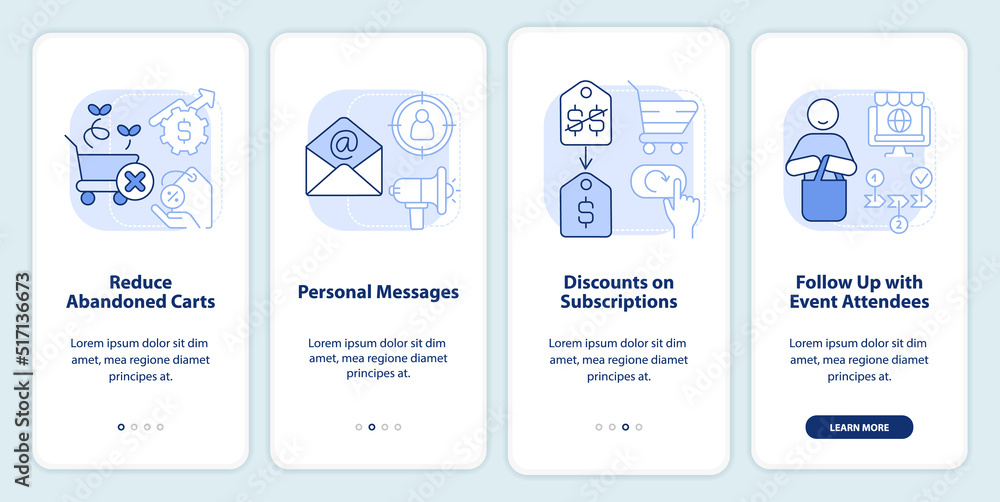 Strategy of discount light blue onboarding mobile app screen. Business walkthrough 4 steps editable graphic instructions with linear concepts. UI, UX, GUI template. Myriad Pro-Bold, Regular fonts used