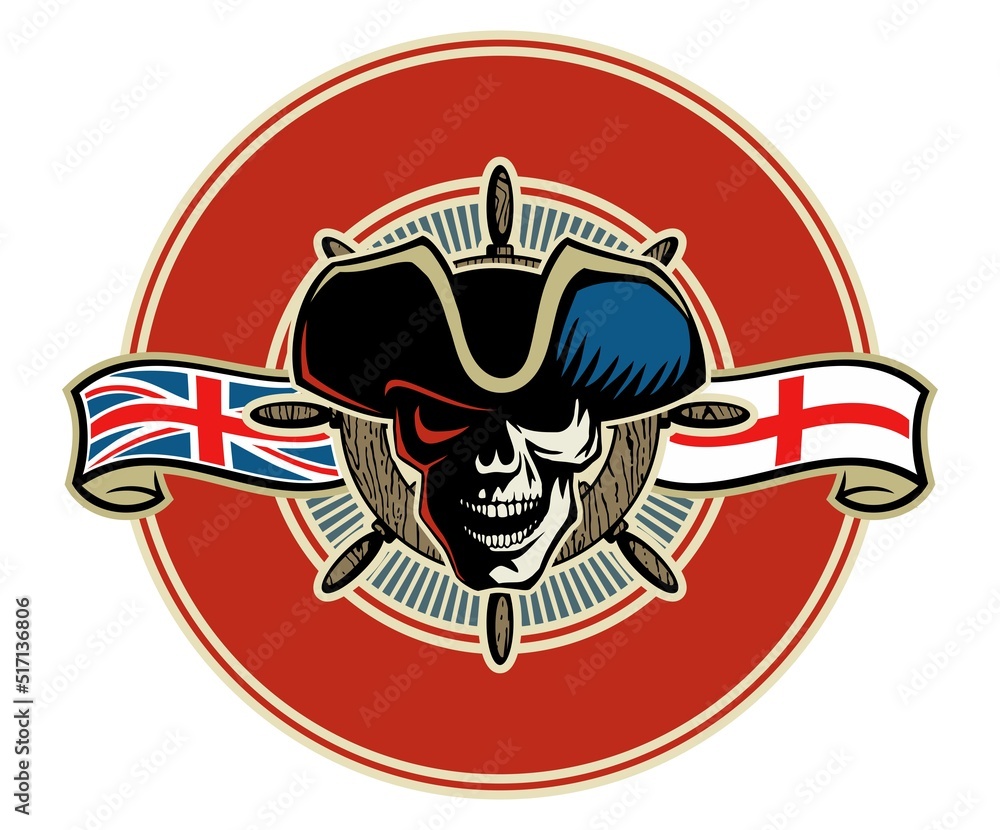Human skull, old ship captain with hat, british flag and ship wheel on background. Vector sailors logo concept. Human skull, old ship captain with hat, british flag and ship wheel on background. Vector sailors logo concept.