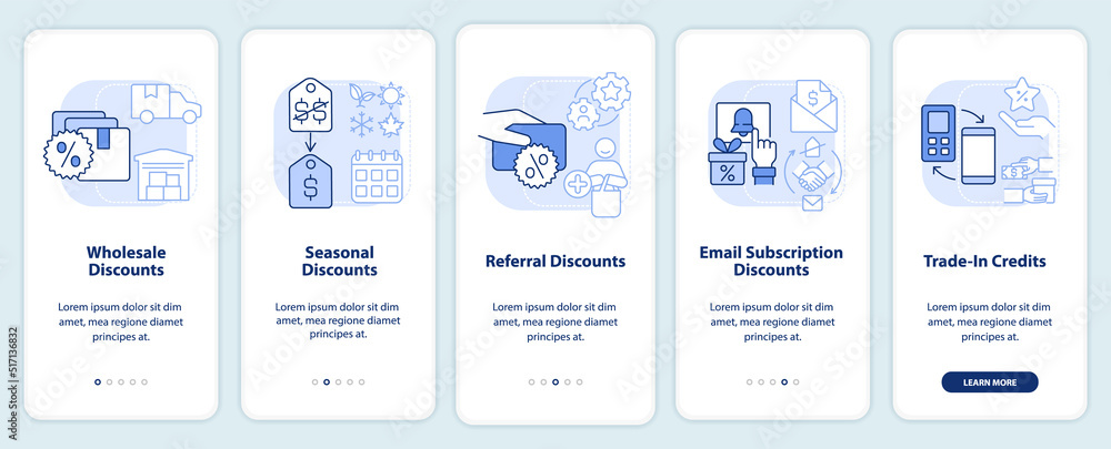 Discount types light blue onboarding mobile app screen. Allowances walkthrough 5 steps editable graphic instructions with linear concepts. UI, UX, GUI template. Myriad Pro-Bold, Regular fonts used