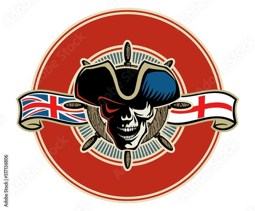 Human skull, old ship captain with hat, british flag and ship wheel on background. Vector sailors logo concept.