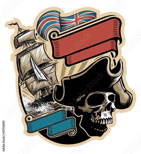 Human skull, old ship captain with hat, british flag, ship wheel and old sailboat on background. Vector sailors logo concept.
