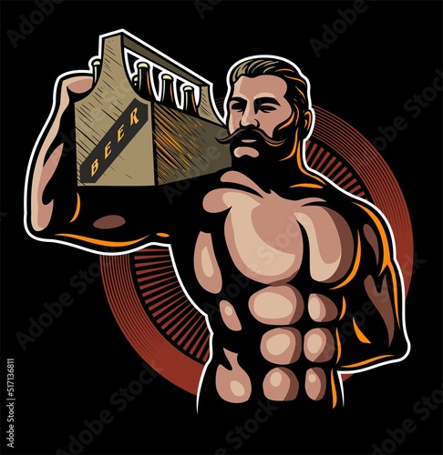 Vintage style mustachioed strong man, holding a case of beer.