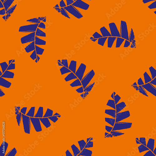 Mono print style scattered leaves seamless vector pattern background. Textured cut out grunge foliage neon tropical backdrop. Hand crafted painterly design. Organic nature all over print for summer