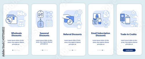 Discount types light blue onboarding mobile app screen. Allowances walkthrough 5 steps editable graphic instructions with linear concepts. UI, UX, GUI template. Myriad Pro-Bold, Regular fonts used