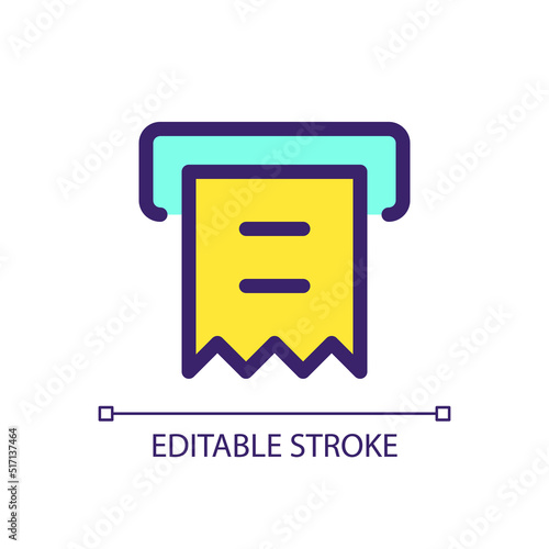 Receipt printer pixel perfect RGB color ui icon. Automated teller machine. Simple filled line element. GUI, UX design for mobile app. Vector isolated pictogram. Editable stroke. Arial font used