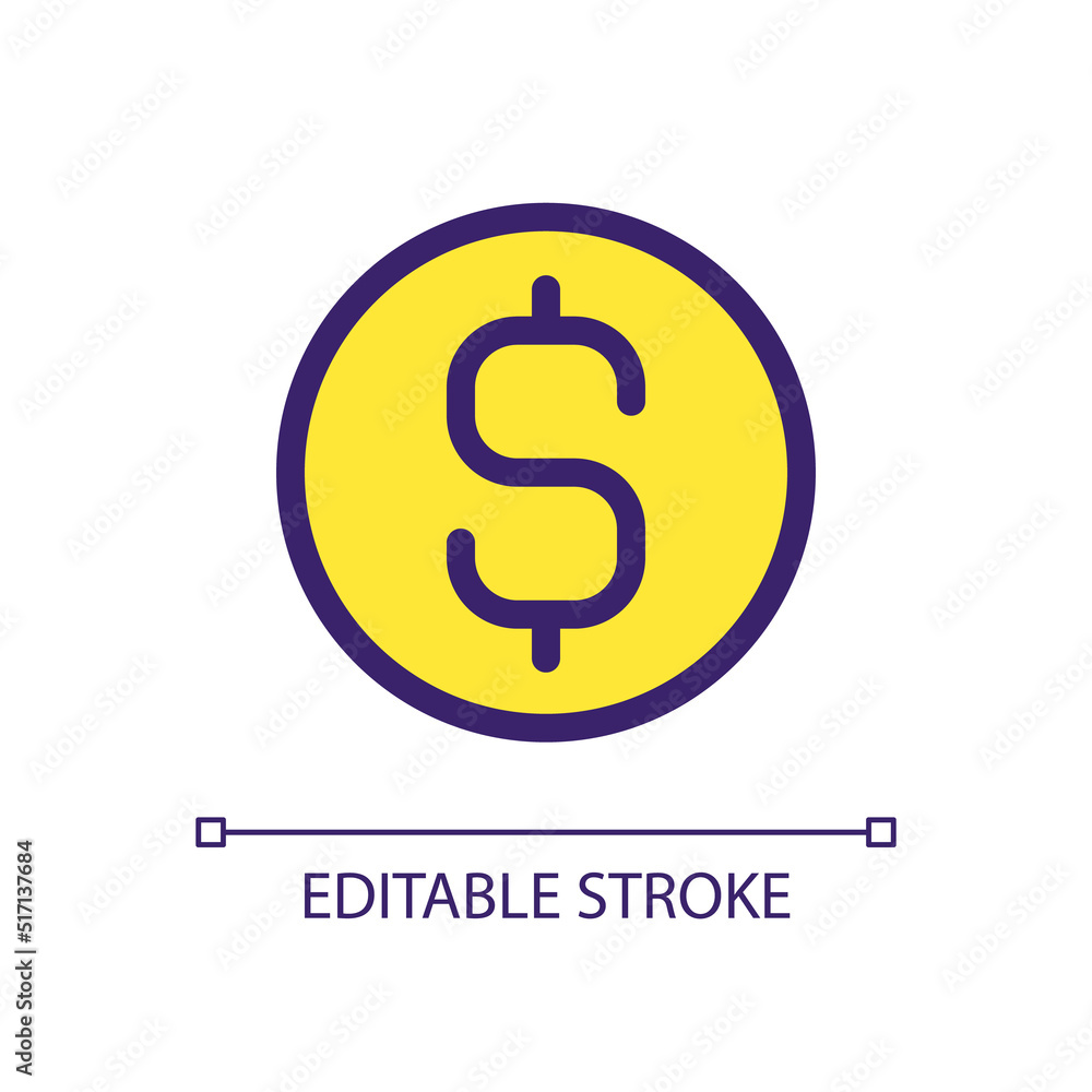 Dollar coin pixel perfect RGB color ui icon. Currency and money. Golden cent. Simple filled line element. GUI, UX design for mobile app. Vector isolated pictogram. Editable stroke. Arial font used Dollar coin pixel perfect RGB color ui icon. Currency and money. Golden cent. Simple filled line element. GUI, UX design for mobile app. Vector isolated pictogram. Editable stroke. Arial font used