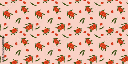 Sea buckthorn seamless pattern. Beautiful vector seamless pattern with orange berry. Suitable for wallpapers, web page backgrounds, surface textures, textiles.