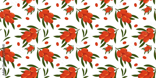 Sea buckthorn seamless pattern. Beautiful vector seamless pattern with orange berry. Suitable for wallpapers, web page backgrounds, surface textures, textiles