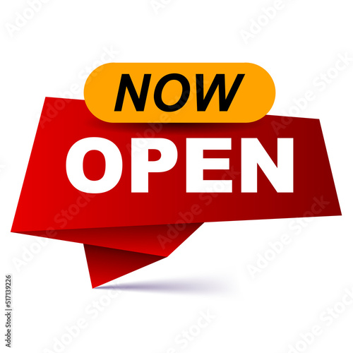 Now open banner. Now open label sign. Banner now open Web Element. Vector illustration on white background. Business concept