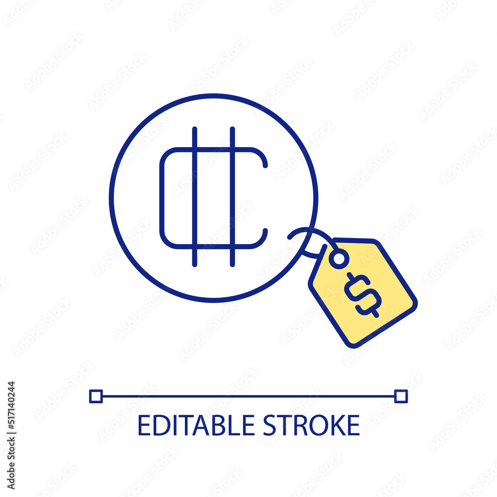 Checking digital token price RGB color icon. Cryptocurrency buying. Golden coin with tag. Blockchain. Isolated vector illustration. Simple filled line drawing. Editable stroke. Arial font used Checking digital token price RGB color icon. Cryptocurrency buying. Golden coin with tag. Blockchain. Isolated vector illustration. Simple filled line drawing. Editable stroke. Arial font used
