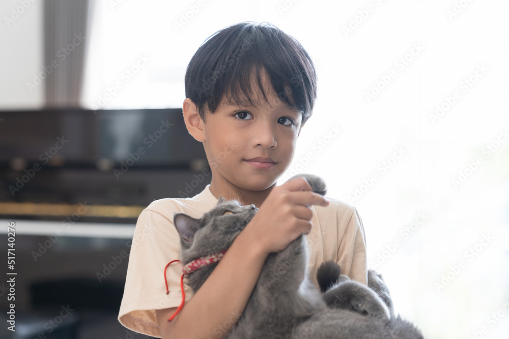 Happy asian boy embracing cat at home. Boy playing with cat at home. Happy asian boy embracing cat at home. Boy playing with cat at home.