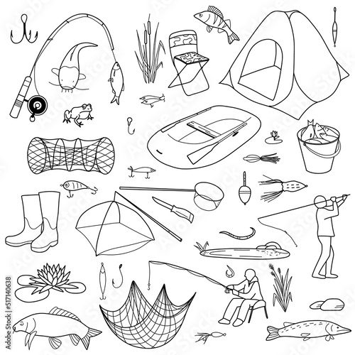contour drawings, fishing elements set and for the fisherman