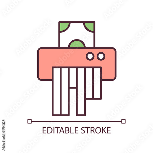 Shred banknote RGB color icon. Control money supply. Inflation prevention. Cut dollar note. Isolated vector illustration. Simple filled line drawing. Editable stroke. Arial font used