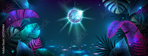 Disco ball illustration with fluorescent tropic leaves. Nature concept. Summer party poster. Vector illustration
