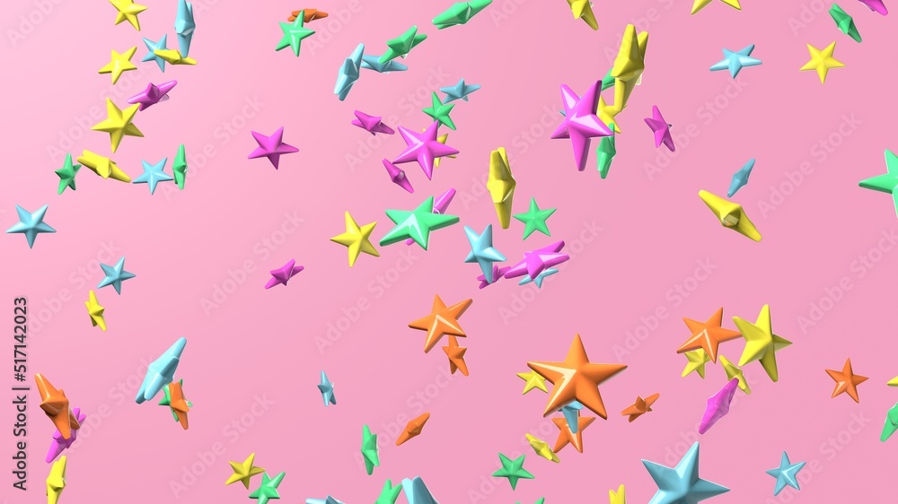 Colorful star objects on pink background.
3DCG confetti illustration for background. Colorful star objects on pink background.
3DCG confetti illustration for background.