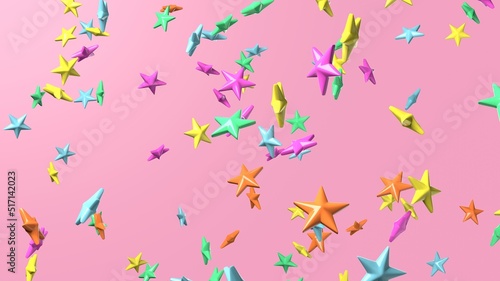 Colorful star objects on pink background. 3DCG confetti illustration for background.