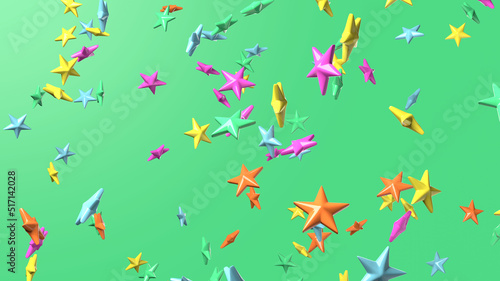 Colorful star objects on green background. 3DCG confetti illustration for background. © Tsurukame Design