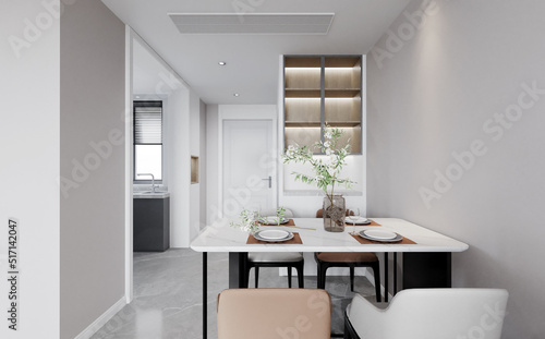 Modern Dining and kitchen interior with dining table and chairs.3D illustration © polnon