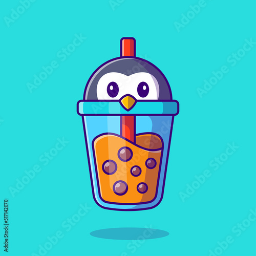 Cute Penguin Milk Tea Boba Cartoon Vector Icon Illustration. 
Animal Drink Icon Concept Isolated Premium Vector. Flat 
Cartoon Style