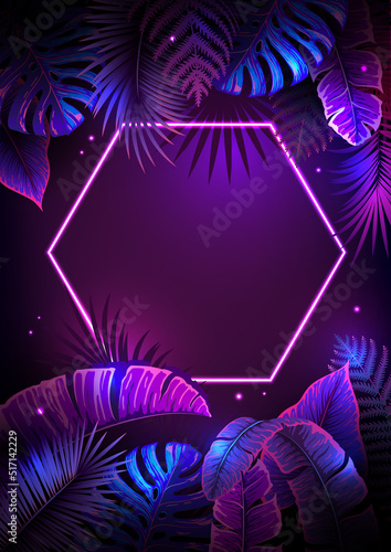 Summer background with neon frame and  fluorescent tropic leaves. Nature concept. Vector illustration
