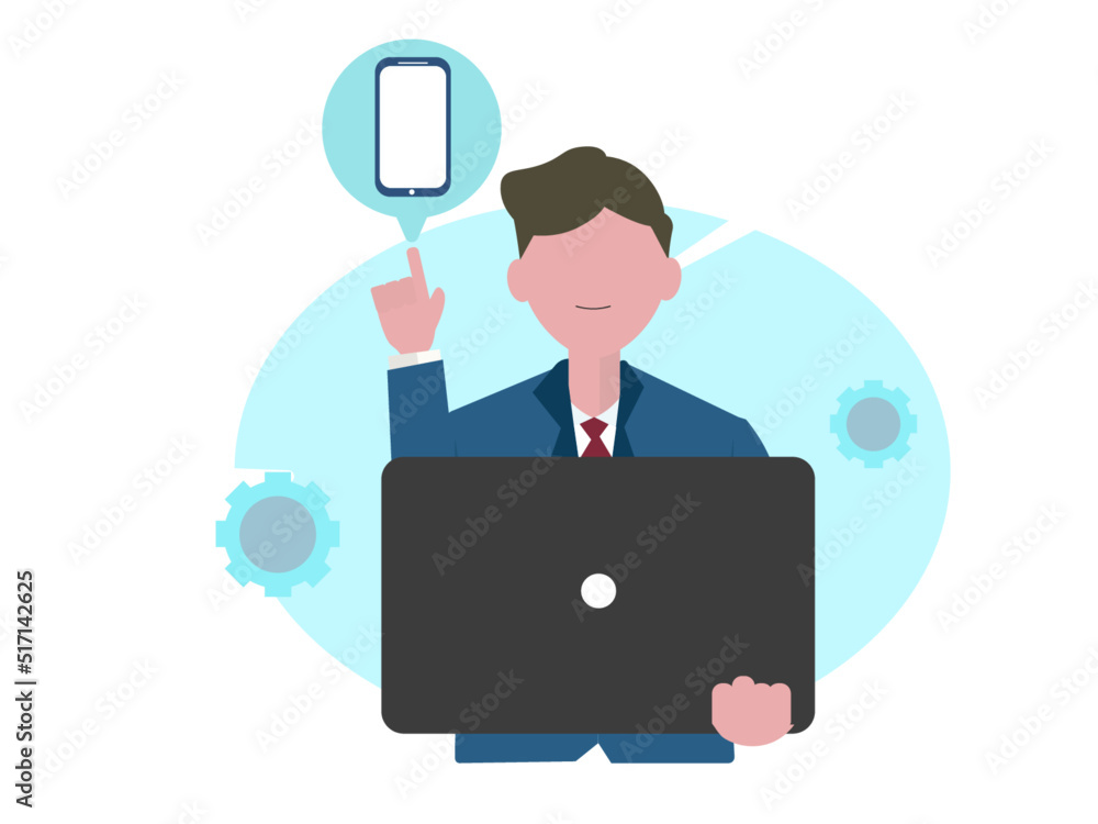 パソコンとスマホとビジネスマン 説明や紹介 人差し指 男性 ベクターイラスト パソコンとスマホとビジネスマン 説明や紹介 人差し指 男性 ベクターイラスト