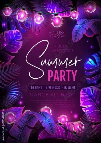 Summer party poster with fluorescent tropic leaves and modern electric lamps. Nature concept. Summer background. Vector illustration