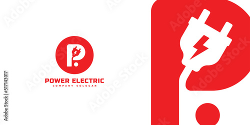 Initial letter P logo with plug cable inside. Lettering logo negative space design, Electricity brand identity, Plug logo typeface vector illustration