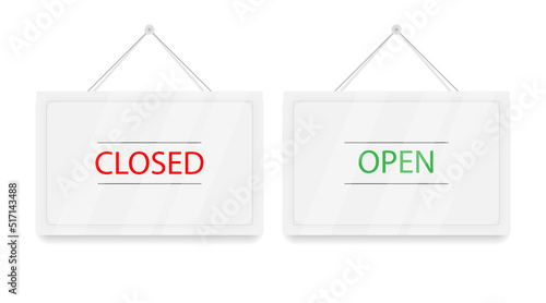 Red Closed and green Open hanging door signs. White sign with shadow isolated on background. Realistic vector illustration