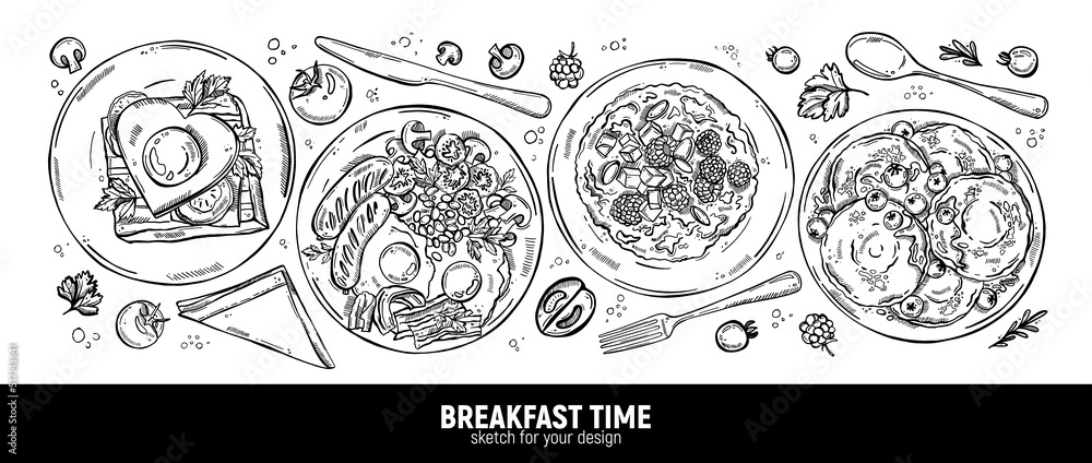 Set of dishes for breakfast. Eggs with bacon and sausages, toast, porridge with berries and pancakes for dessert. A hand-drawn sketch.