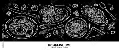 Set of dishes for breakfast. Eggs with bacon, toast with avocado, porridge with berries and a croissant for dessert. A hand-drawn sketch.