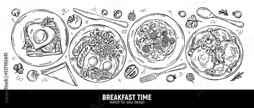 Set of dishes for breakfast. Eggs with bacon and sausages, toast, porridge with berries and pancakes for dessert. A hand-drawn sketch.
