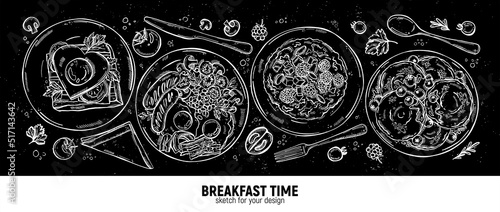 Set of dishes for breakfast. Eggs with bacon and sausages, toast, porridge with berries and pancakes for dessert. A hand-drawn sketch.