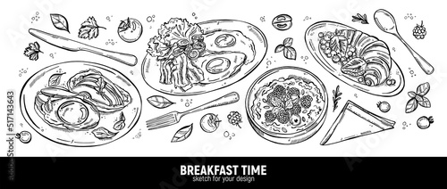 Set of dishes for breakfast. Eggs with bacon, toast with avocado, porridge with berries and a croissant for dessert. A hand-drawn sketch.