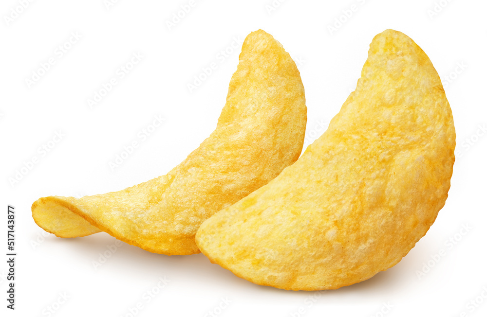 Two delicious potato chips close-up, isolated on white background Two delicious potato chips close-up, isolated on white background